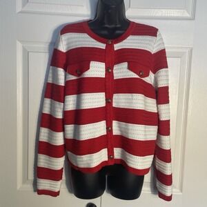 Grace Karin Cardigan Women M Red White Wide Stripes Boxy Long Sleeve Oversized